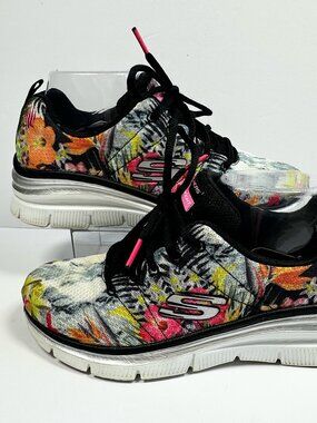 Skechers Women’s Black Floral Mesh Lace-Up Sneakers with Pink Highlights